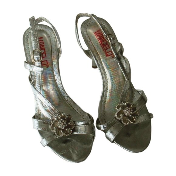 Silver Iridescent Unique Y2K Sandal Heels Flower Bling Jewels - Picture 2 of 9